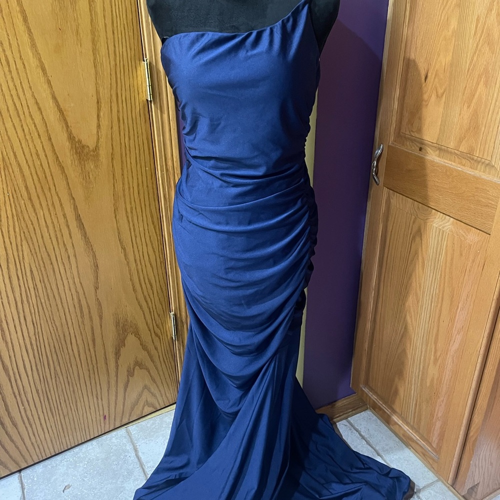 B Darlin Navy Strapless Ruched Evening Gown